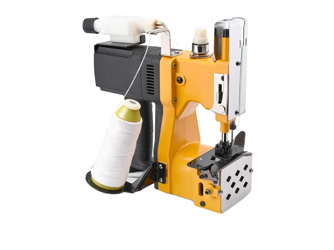 Máquina de cierre de bolsas, alta velocidad, cortador de hilo automático, color amarillo.