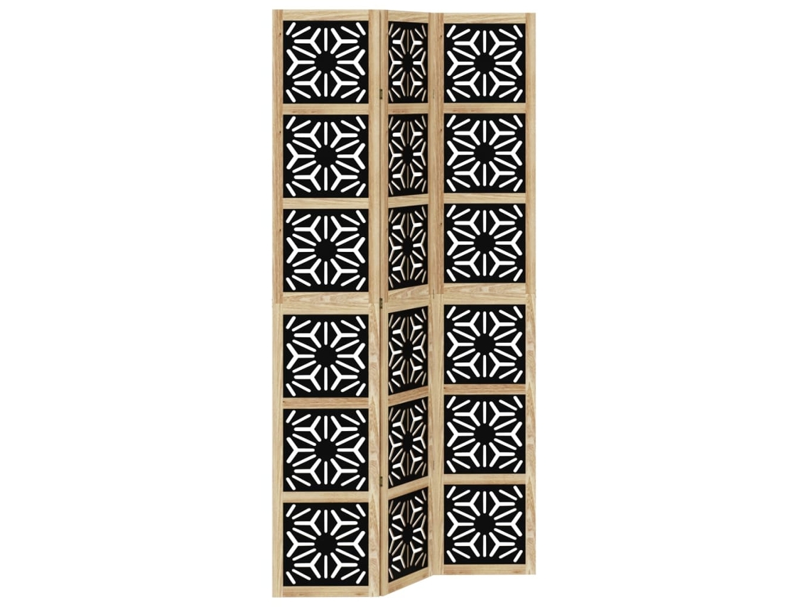 Biombo Paravent Cloison de 3 paneles con diseño geométrico en madera maciza de paulownia marrón y negro DÉCOSHOP26
