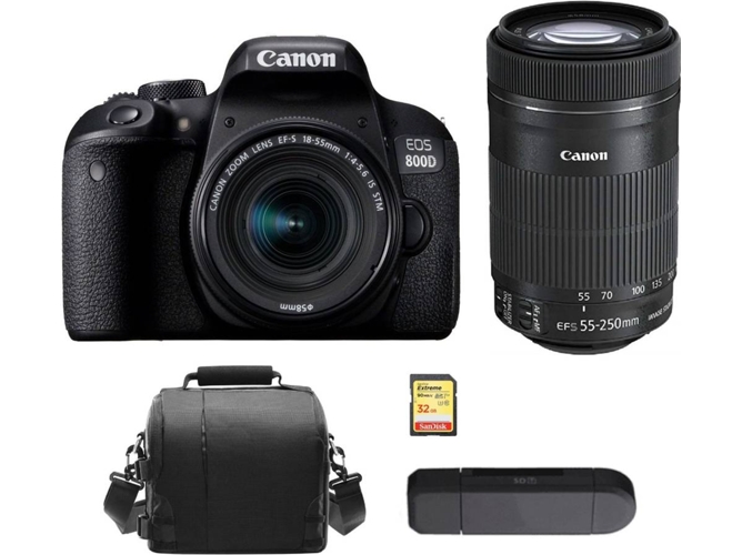 Kit Cámara Réflex CANON EOS 800D EF-S 18-55mm F4-5.6 IS STM + EF-S 55-250mm F4-5.6 IS STM + SD de 32GB + Bolsa + Lector de Tarjetas