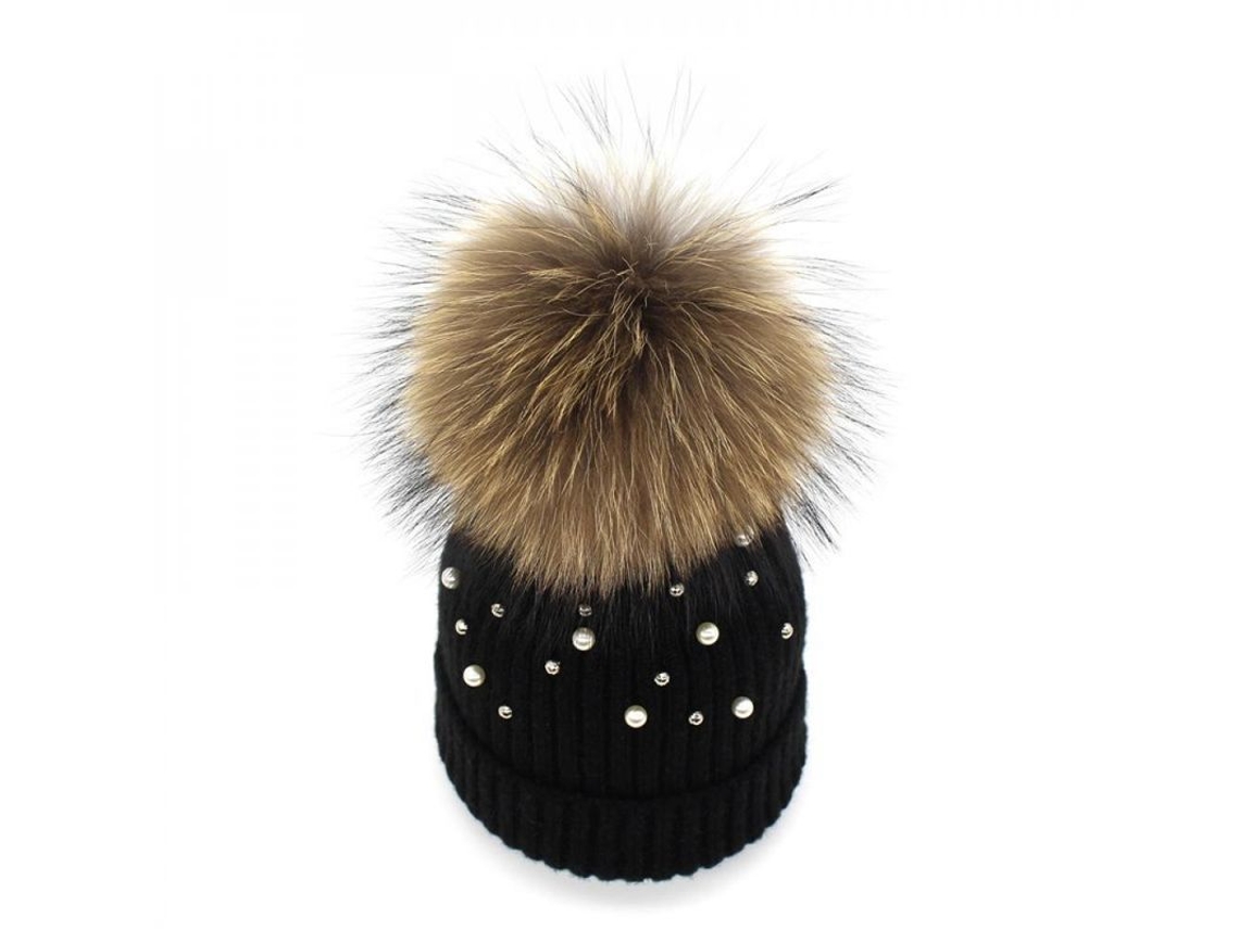 2026-gorro De Lana Para Mujer Con Pompon De Piel Natural Y Perlas Moda Invierno Negro