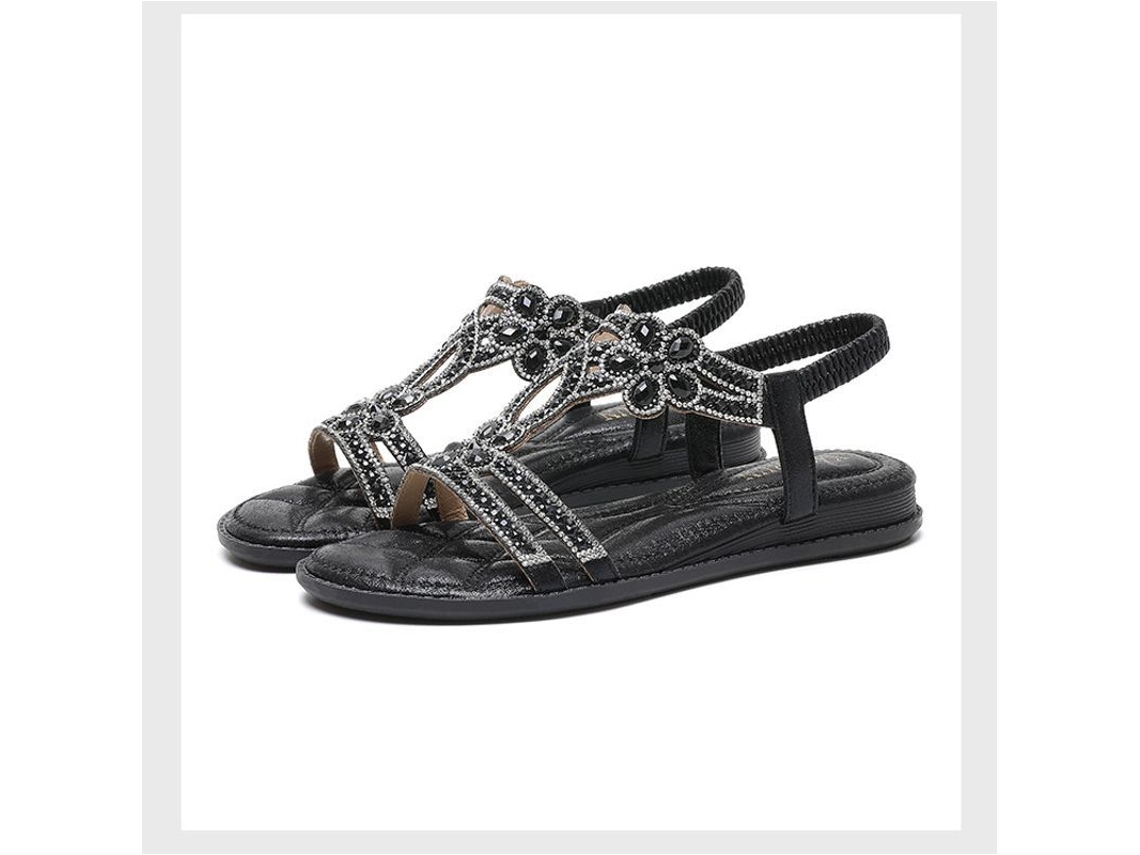 2026-sandalias De Verano Para Mujer, Zapatos De Playa Bohemio Con Cristales, Casual Antideslizantes (negro)