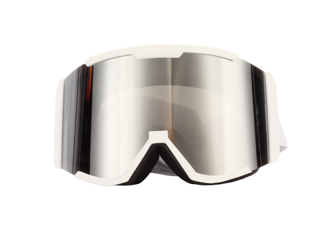 Gafas de esquí con doble revestimiento antivaho, protección UV, visión amplia, montura blanca y lentes plateadas.