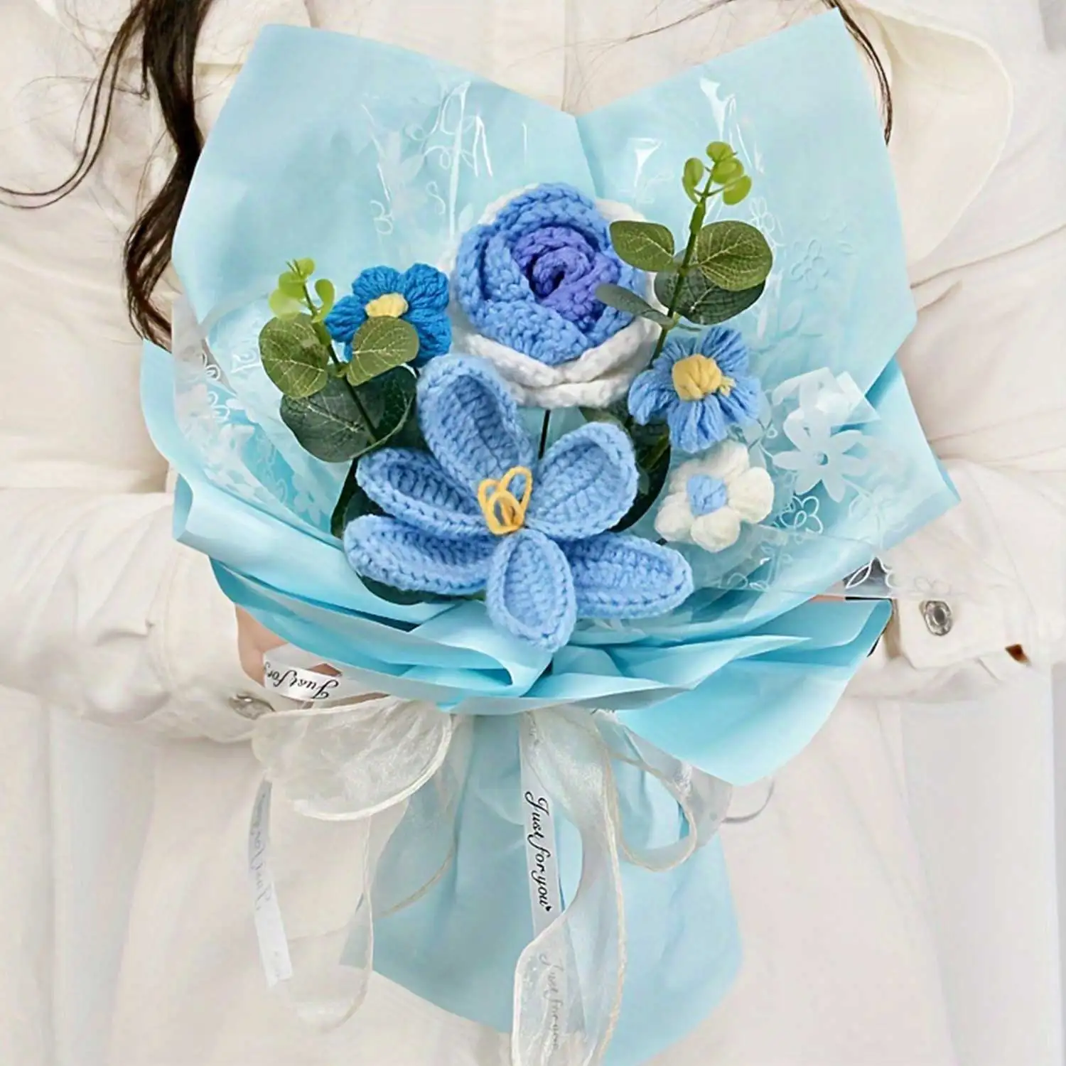 (azul) Ramo De Tulipanes Tejido A Mano, Un Regalo Perfecto Para Mujeres.