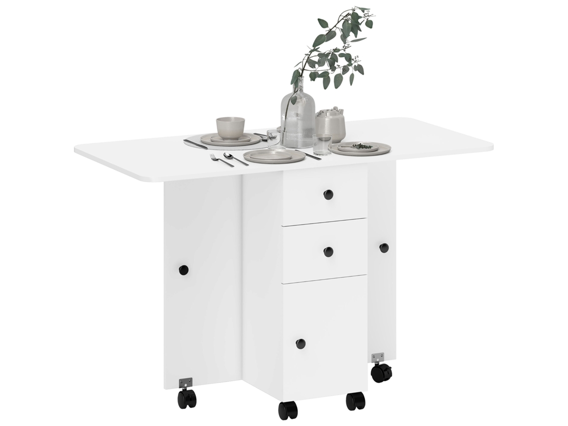 Mesa de cocina plegable, mesa de comedor plegable con 2 tableros plegables, 2 cajones y 1 armario, color blanco.