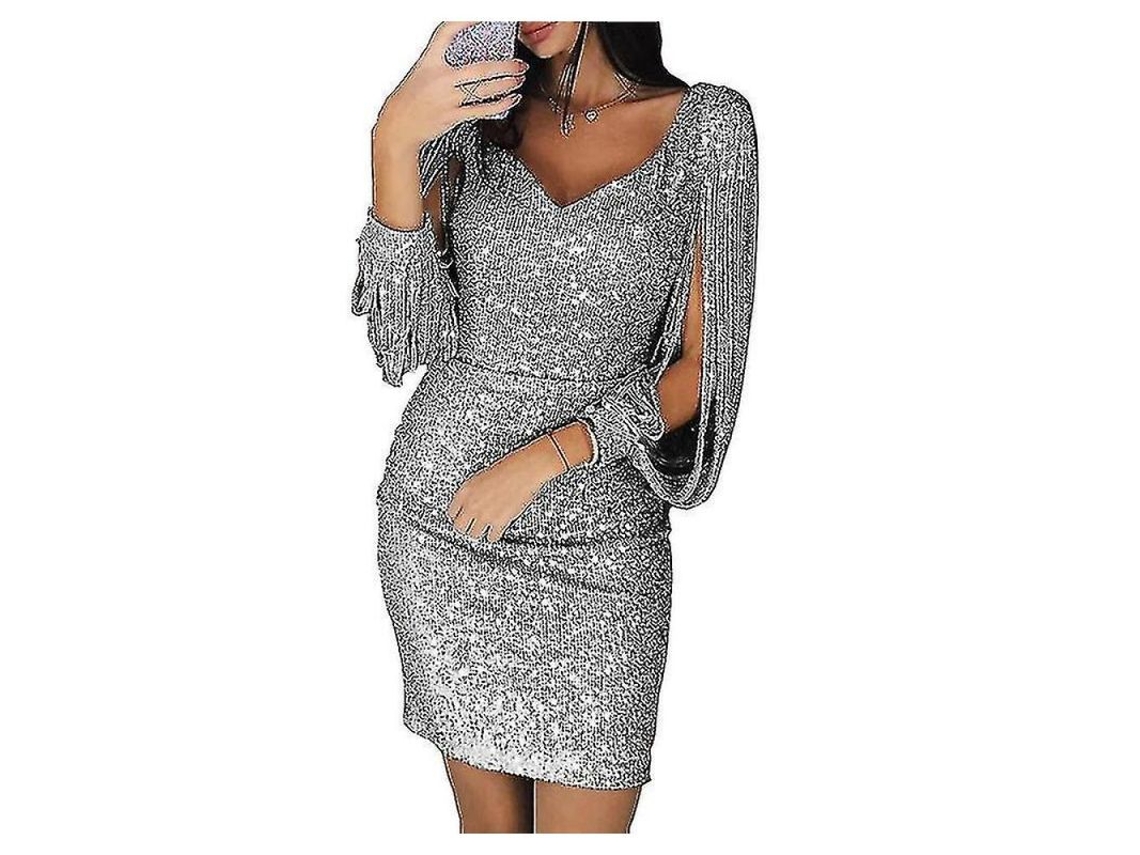 Vestido Corto De Lentejuelas Para Mujer Con Cuello V Profundo, Mangas Largas Con Tassel Y Largo Por Encima De La Rodilla Kjfxxxlsilver