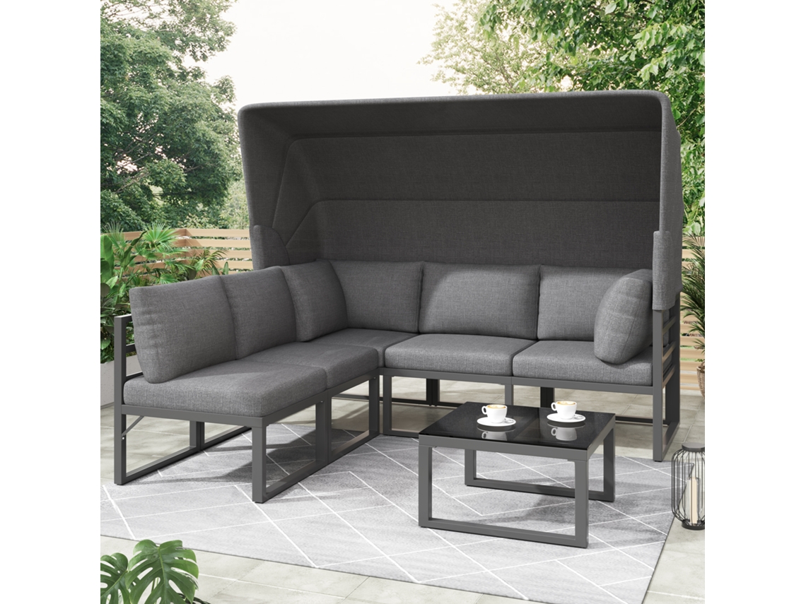 Conjunto de 4 sillas de jardín, mesa con toldo, muebles de balcón y jardín, muebles de patio gris Gutent