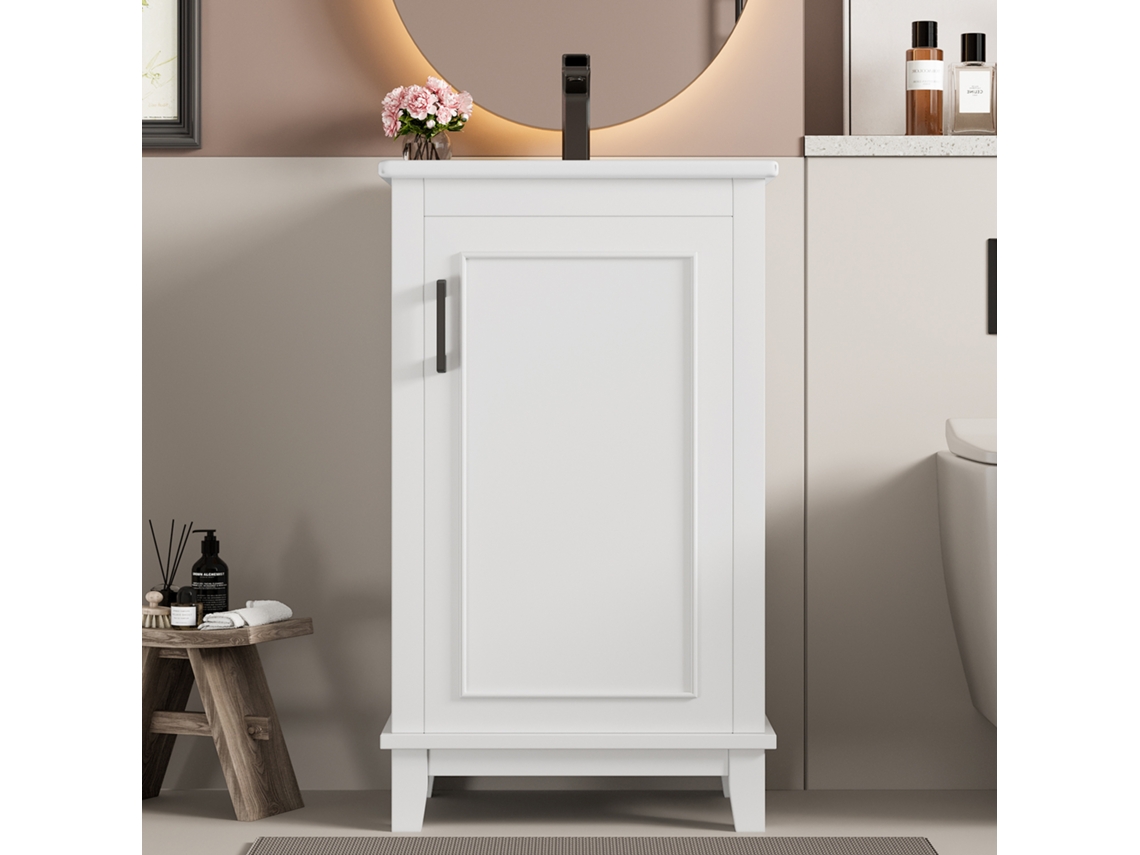 Mueble de Baño con Patas y Lavabo Cerámico, 1 Puerta, Estantes Regulables, Mobrio Blanco (grifo no incluido)