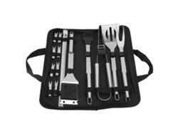 Juego de 21 utensilios de acero inoxidable para barbacoa con bolsa de almacenamiento.