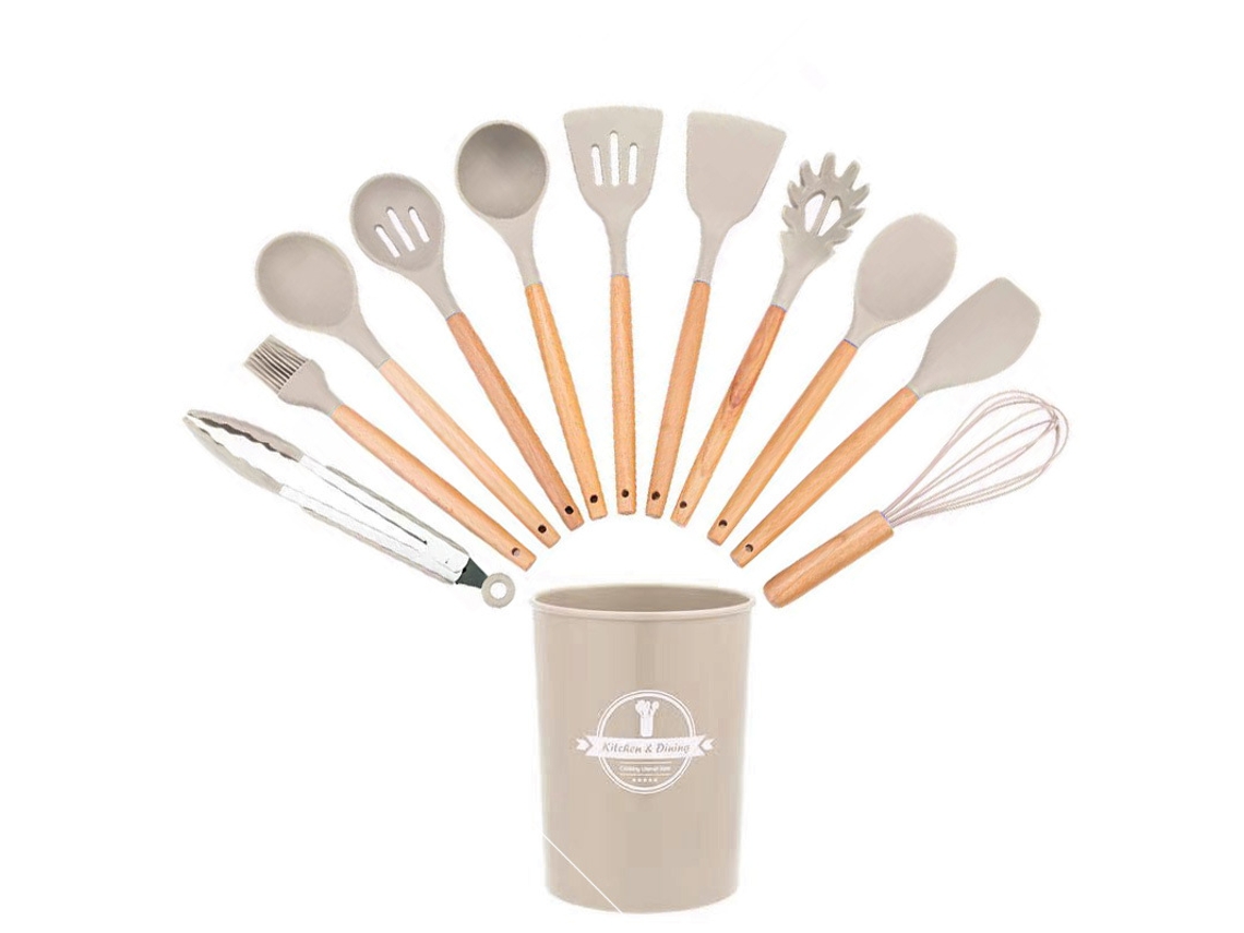 Juego de utensilios de cocina de silicona de 12 piezas, antiadherentes y sin BPA, color caqui