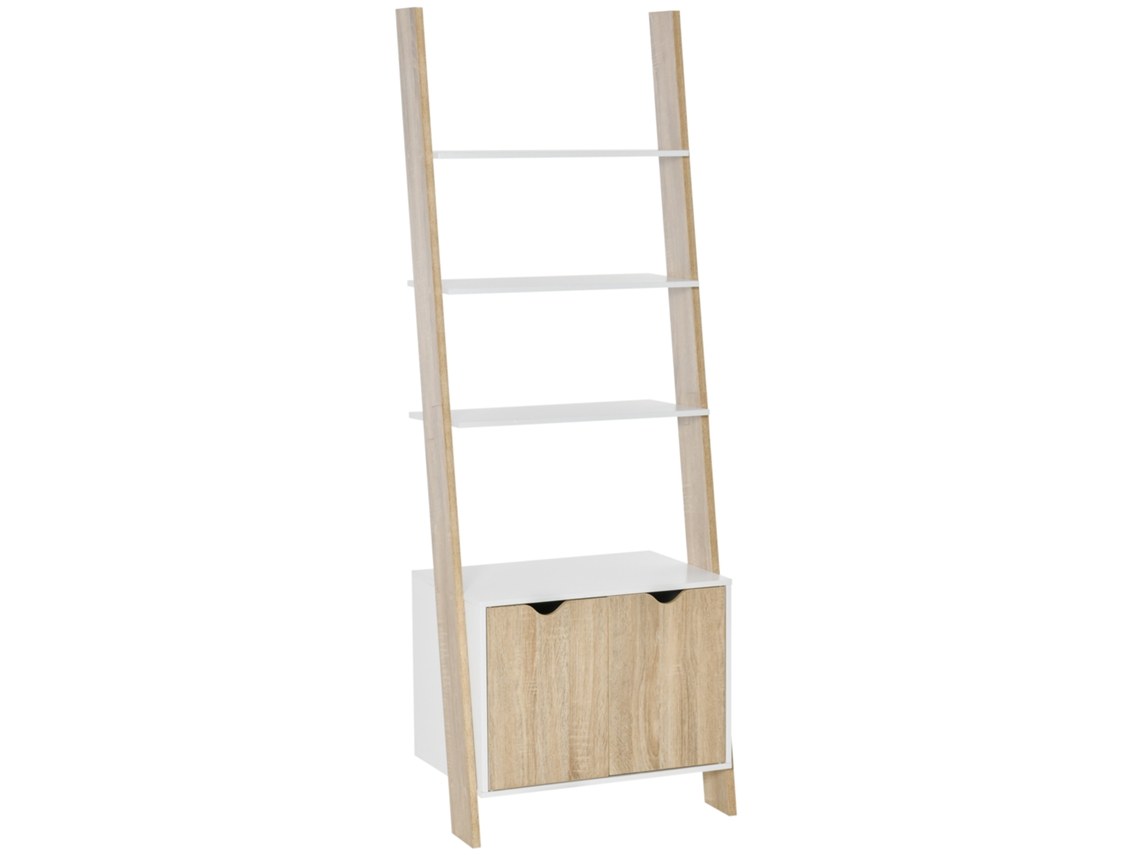 Librería Tipo Escalera De Madera Con 3 Estantes Y 1 Armario, 60x40x171 Cm, Roble Blanco.