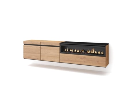Mueble TV Televisión 200x45x35cm Para TV hasta 80 Chimenea eléctrica Colgado Suspendido Roble y negro