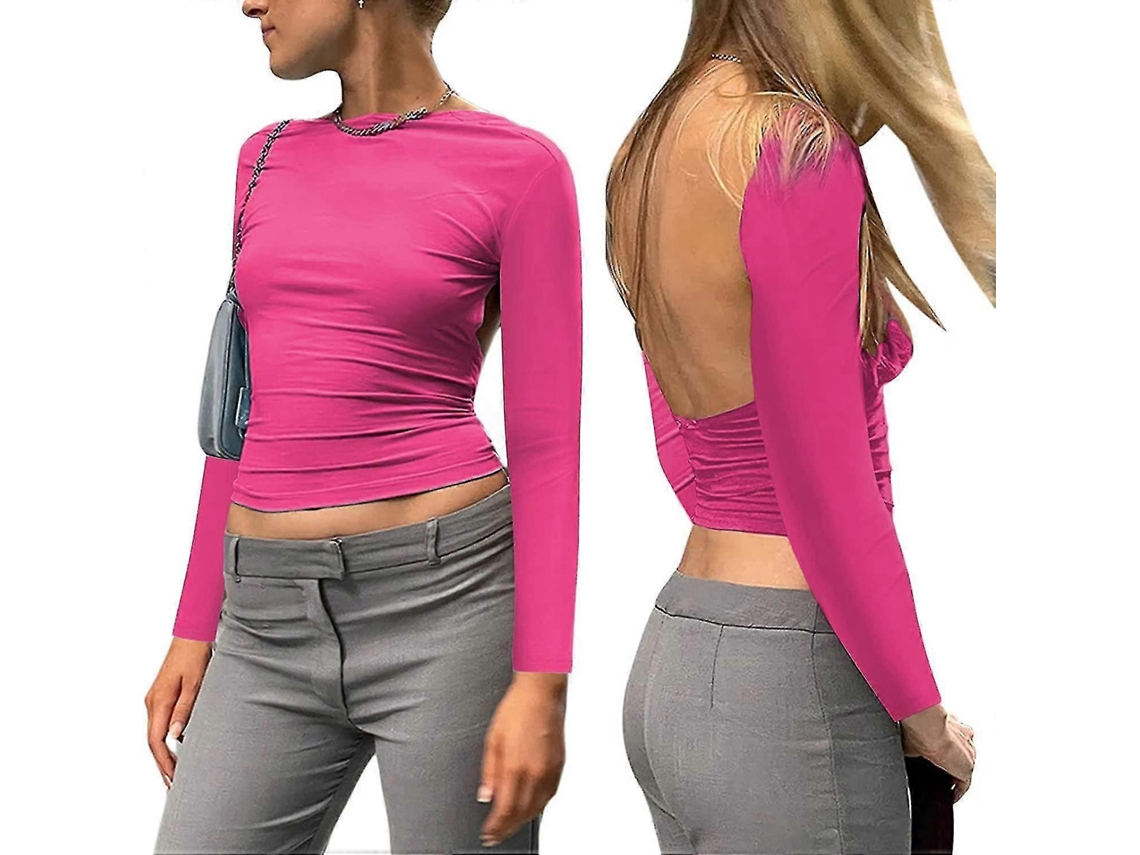Camiseta sexy para mujer con espalda descubierta, manga larga y corte en la espalda.
