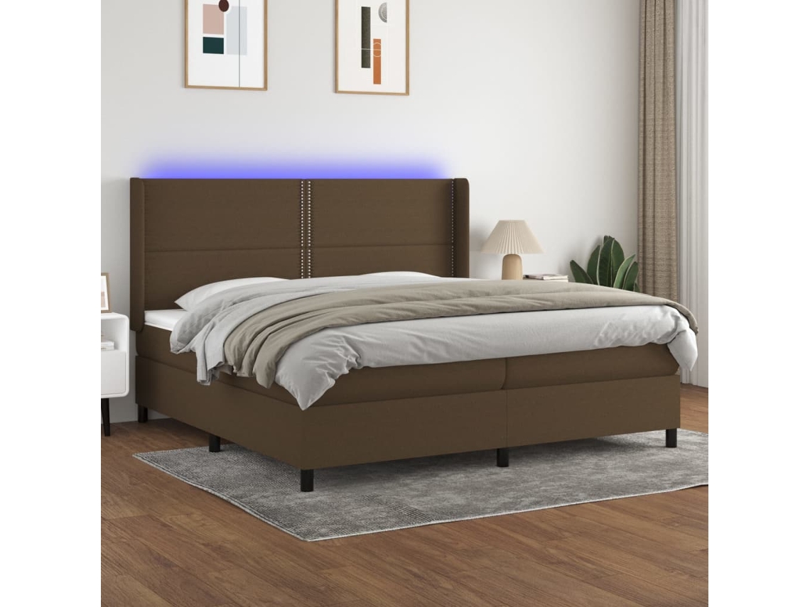 Cama Box Spring Colchón Luces Led Tela Marrón Oscuro 200x200 Cm