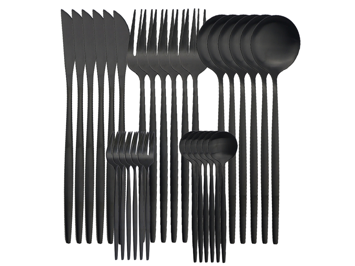 (negro) Juego De 30 Cuchillos, Tazas Y Cucharas De Acero Inoxidable Mate
