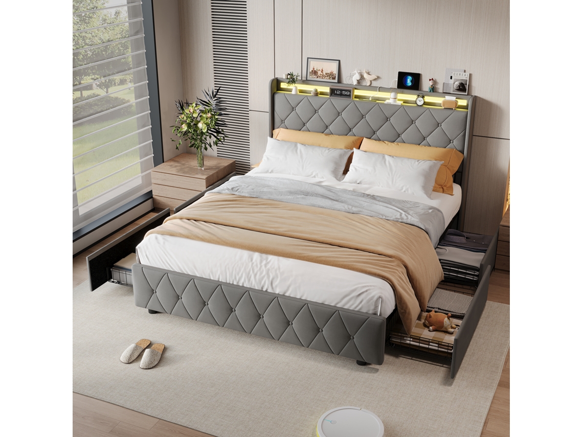 Cama doble con espacio de almacenamiento, 140x200 cm, con 4 cajones y puerto USB, tapizada en terciopelo gris, cabecero con iluminación LED