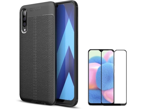 Funda y Protector de Pantalla Samsung A30s PHONESHIELD Rugged Leather / Flexguard Full Negro