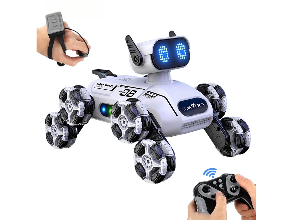 Perro robot inteligente de ocho ruedas con control remoto y gestos, luces LED, modo de pulverización, múltiples direcciones, blanco, Uuzeit Shop