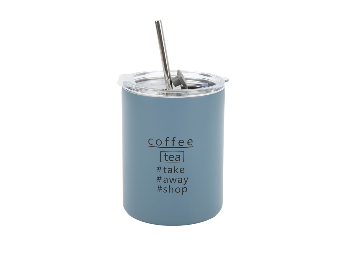 Taza De Café De Acero Inoxidable De 350 Ml (12 Oz) Con Tapa Y Pajita, Portátil, Isotérmica, Gris Y Azul.