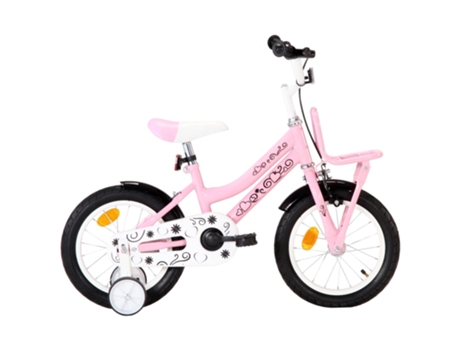 vidaXL Bicicleta niños y portaequipajes delantero 14" blanca y rosa