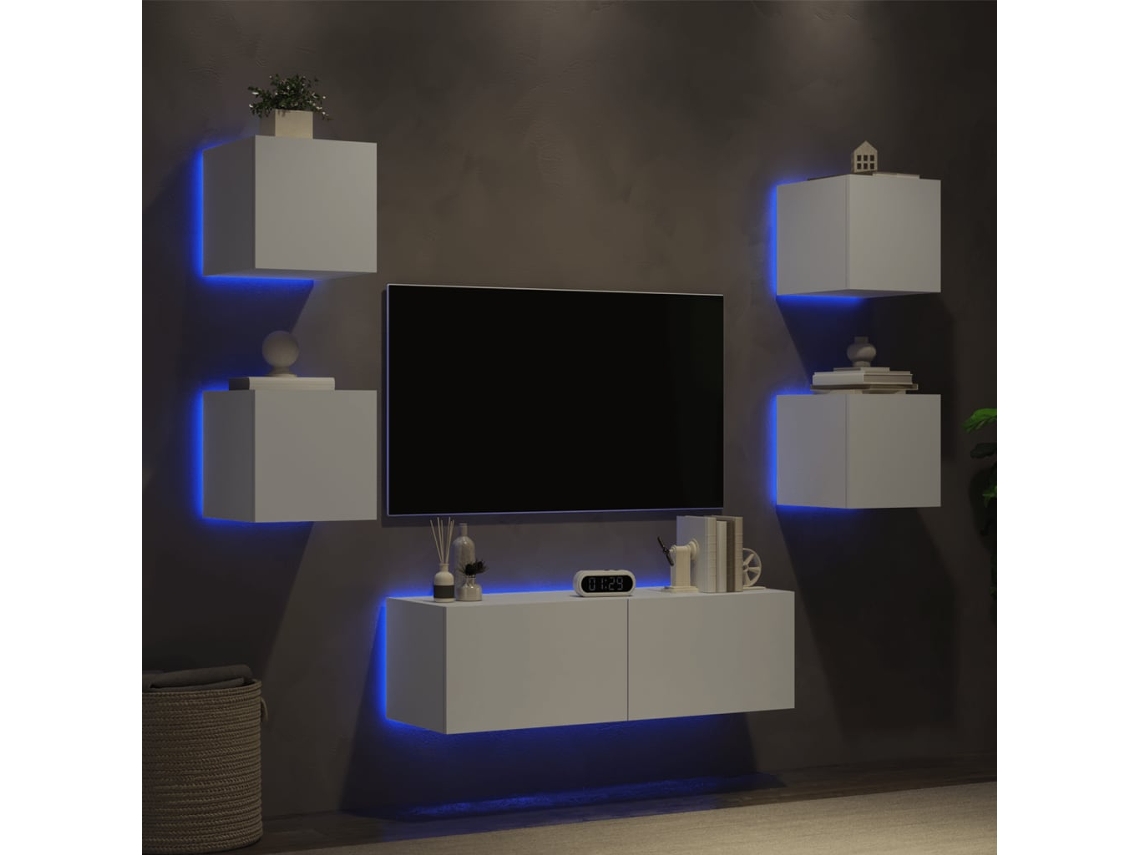 Muebles De Tv De Pared Con Luces Led 5 Uds | Armario Para Tv | Gabinete De Tv Blanco