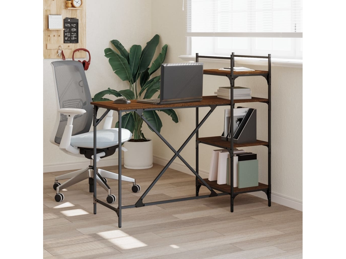 Escritorio de secretaria | Mesa | Escritorio para ordenador con estantes, roble marrón