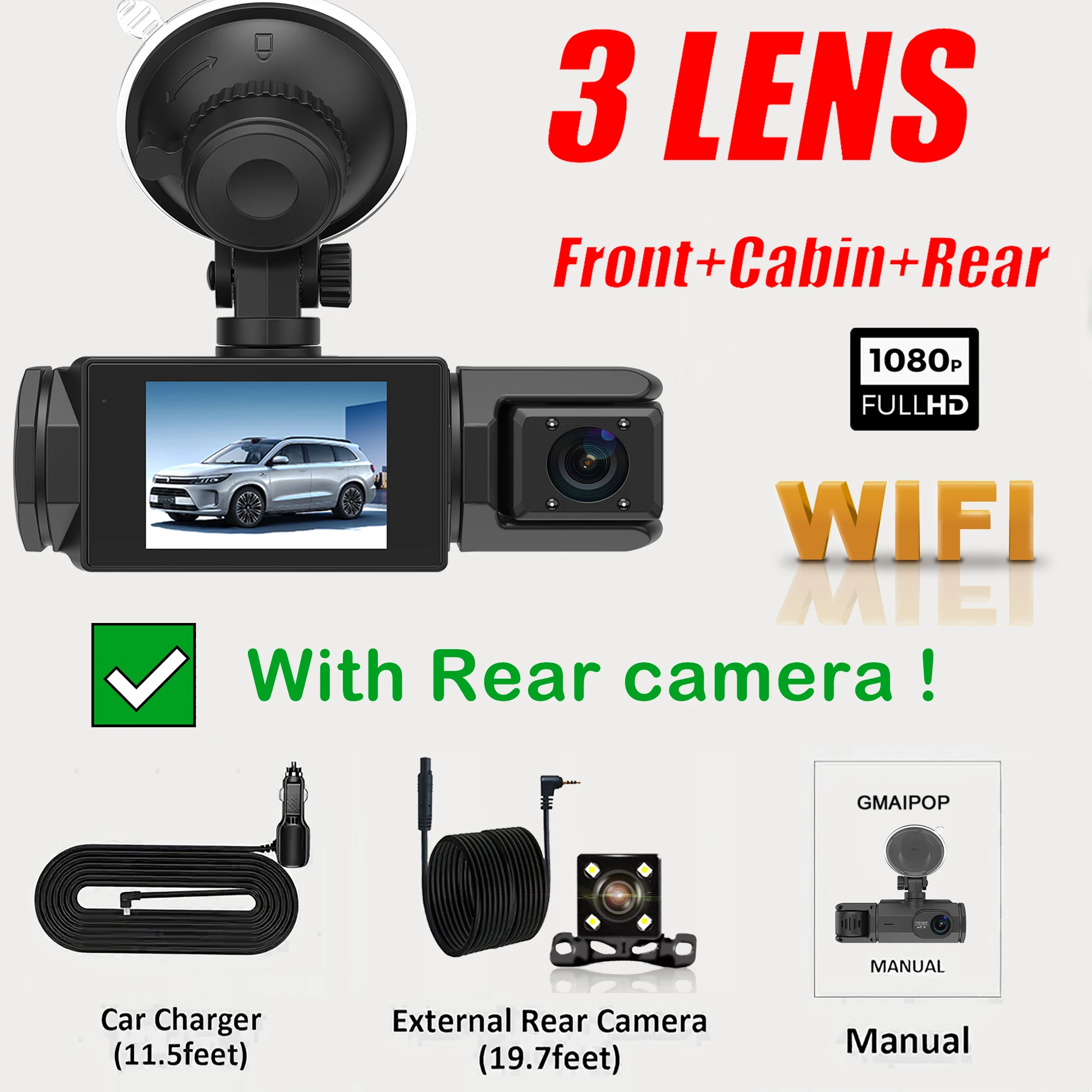 Cámara para automóvil Wifi HD 1080p (triple lente con tarjeta SD de 64 GB), grabación dual frontal y trasera, con visión nocturna por infrarrojos.