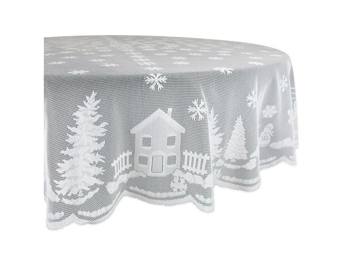 2026-28295-mantel Redondo Navideño De Poliéster 178x178cm Con Motivos De Renos Y Copos De Nieve