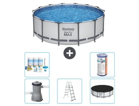 Piscina BESTWAY Round Steel Pro MAX - 427 x 122 cm gris - Incluida bomba - Escalera - Cobertor Paquete de mantenimiento - Filtrar