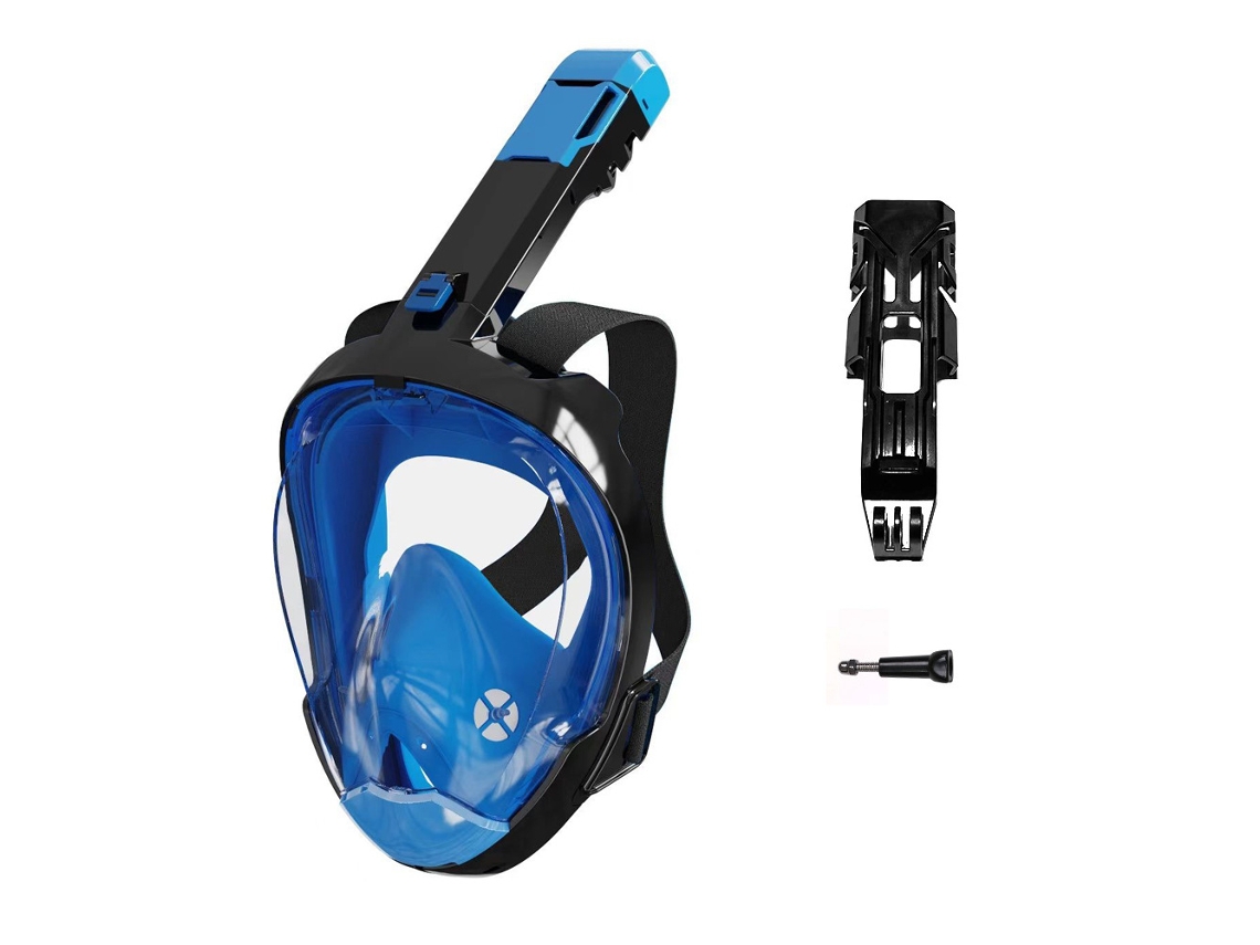 Máscara de buceo Hexinyigjly de cara completa con ángulo de visión de 180° y soporte para cámara extraíble – Talla S/M Azul