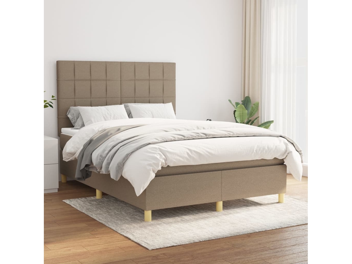 Cama Box Spring Con Colchón Tela Gris Taupe 140x200 Cm