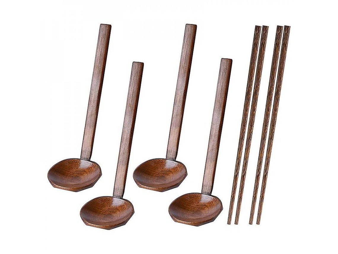 Rebe - 4 cucharas largas de madera para sopa ramen y 2 pares de palillos japoneses de madera marrón.