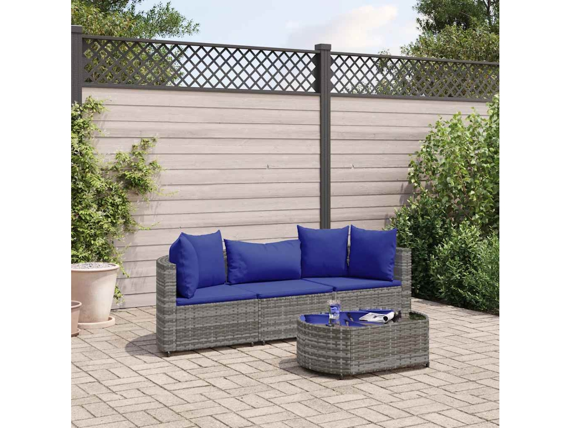 Conjunto de sofá de jardín de 4 piezas con cojines, ratán gris, DKD Home Decor