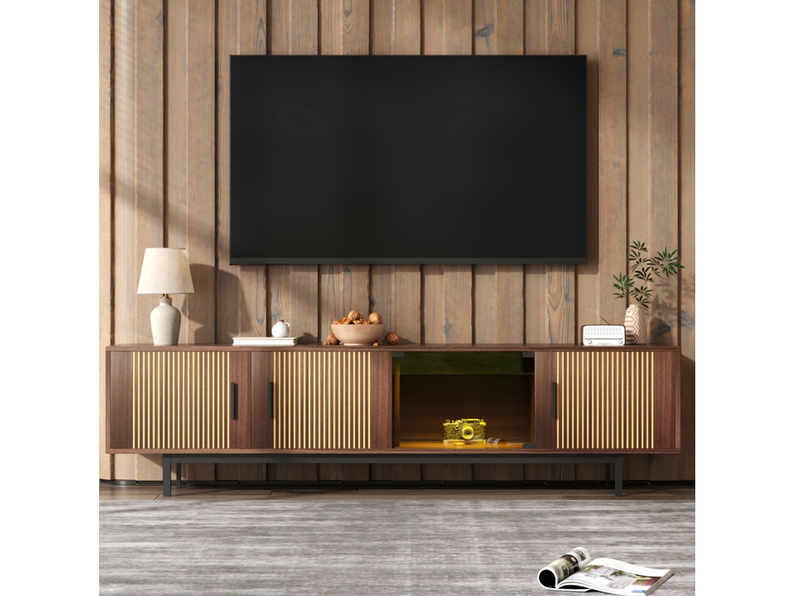 Mueble de TV, aparador bajo con textura esculpida, mueble de TV con tira de luz LED y puerta de cristal templado.