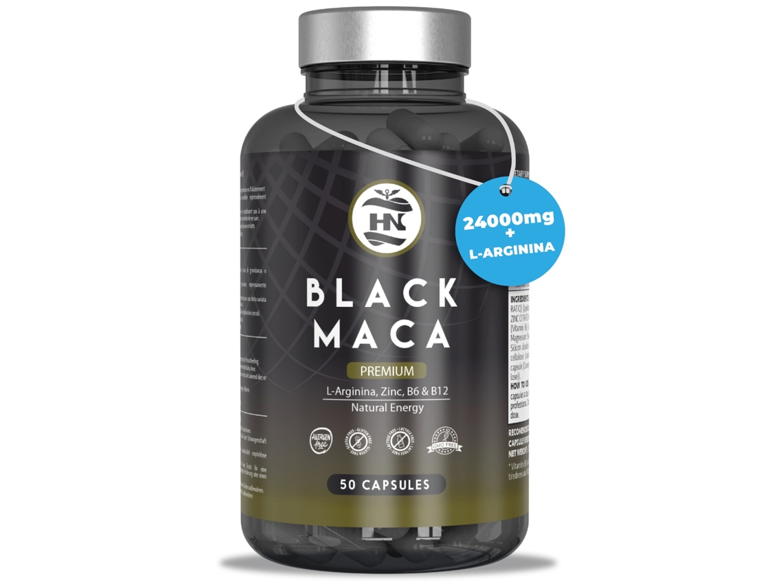 Maca negra andina peruana con L-arginina 50 cápsulas 24000 mg para máxima energía y rendimiento, vitaminas B6 y B12 contra el cansancio y la fatiga.