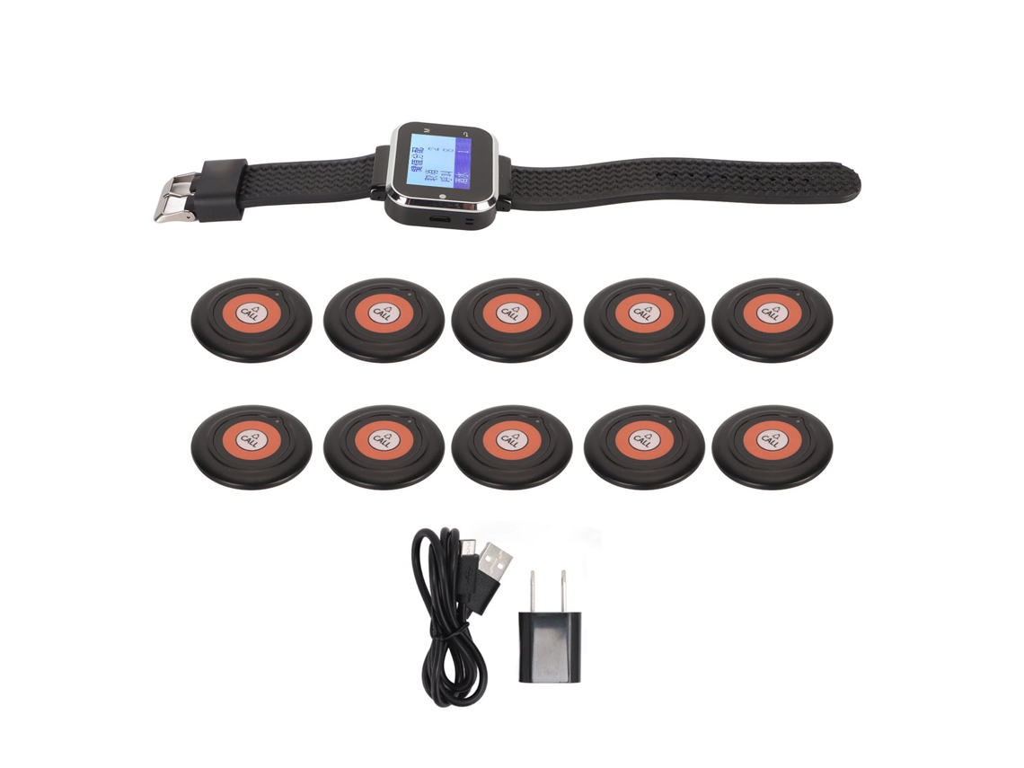 Sistema de llamadas inalámbrico con receptor de pulsera recargable y 10 botones de llamada con luz dorada