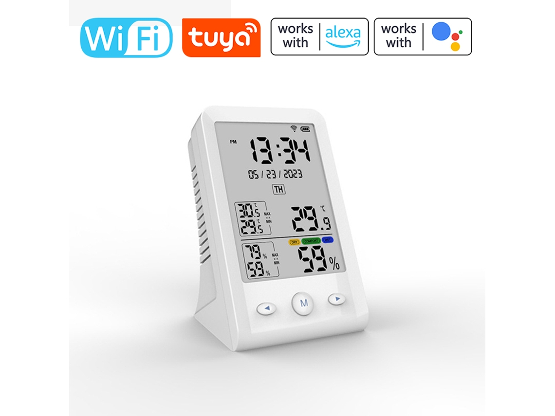 Detector De Temperatura Y Humedad Recargable Por Usb Con Pantalla Lcd Y Compatible Con Alexa.