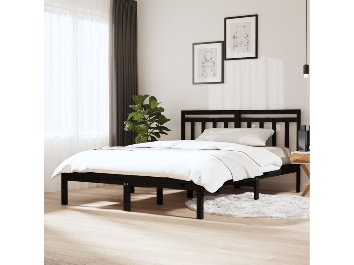 Estructura De Cama De Madera Maciza De Pino Negro 140x190 Cm