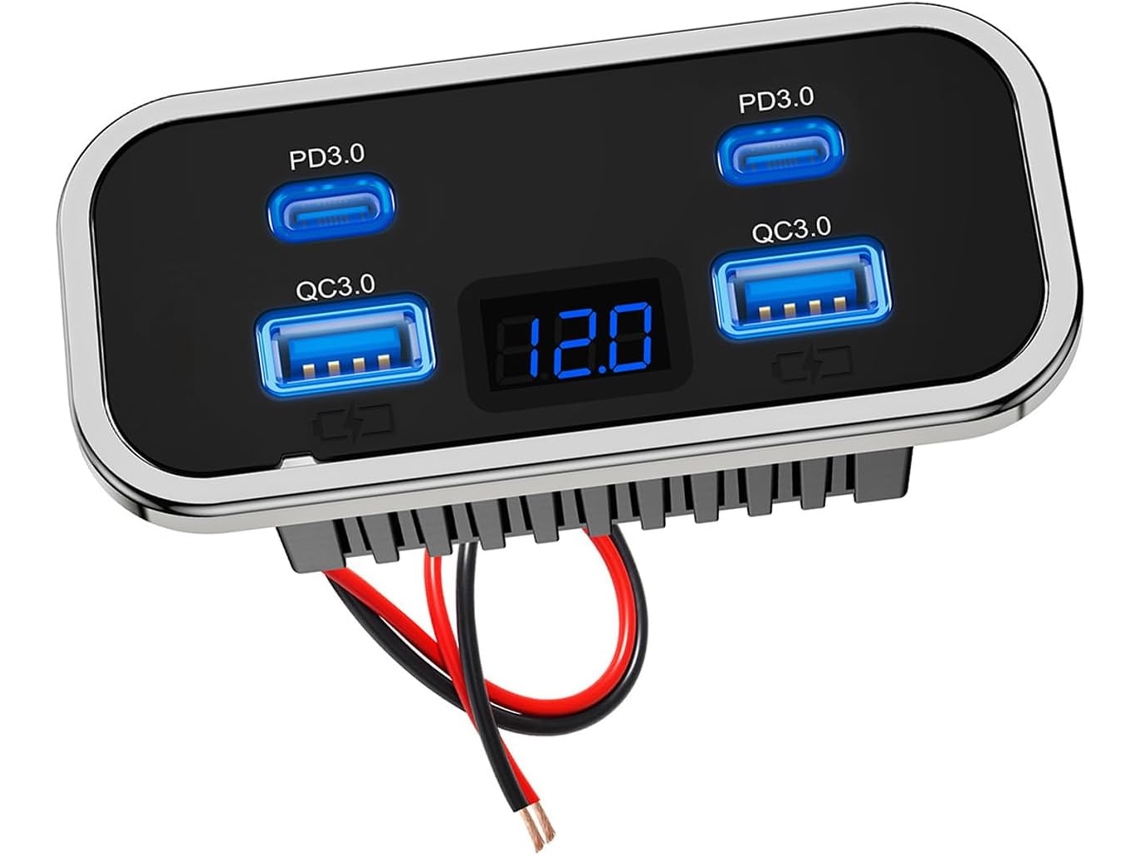 Cargador De Coche Usb De Carga Rápida Con Enchufe De Pared, 4 Puertos, Doble Qc3.0, Voltímetro, Compatible Con 12v Y 24v.