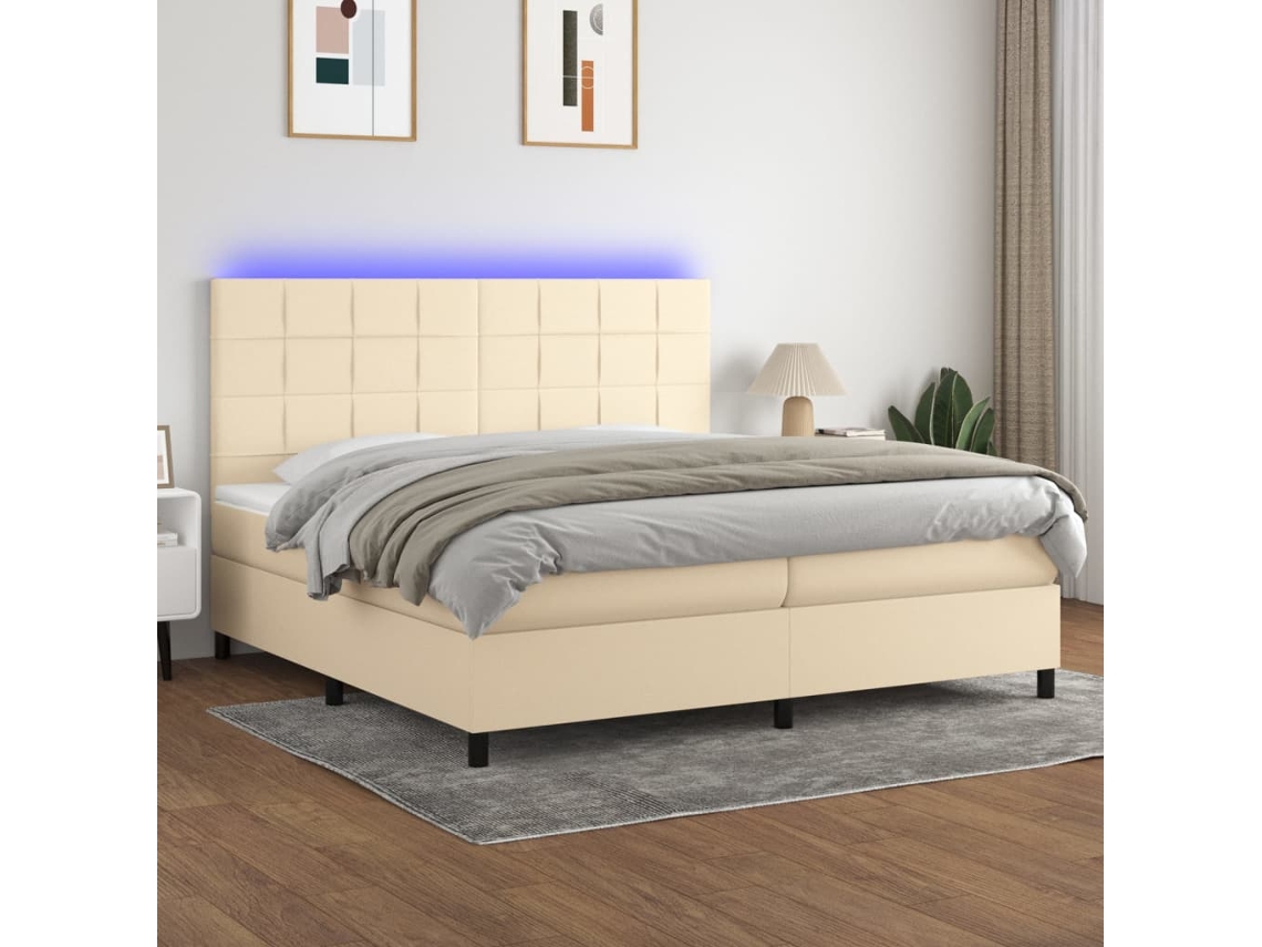 Cama Box Spring Colchón Y Luces Led Tela Crema 200x200 Cm