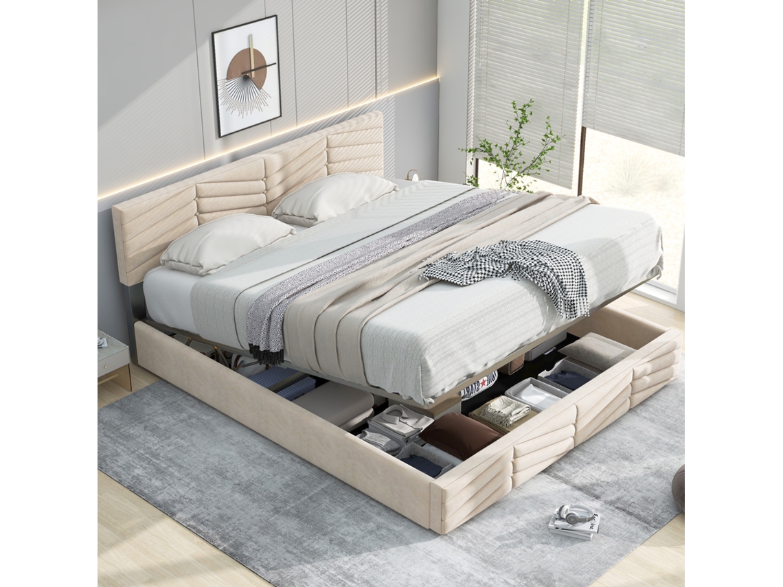Cama Tapizada De 140x200 Cm, Cabecero Regulable, Somier De Láminas De Madera, Terciopelo Beige, Fácil Montaje.