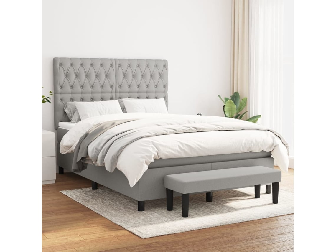 Cama Box Spring Con Colchón Tela Gris Claro 140x200 Cm