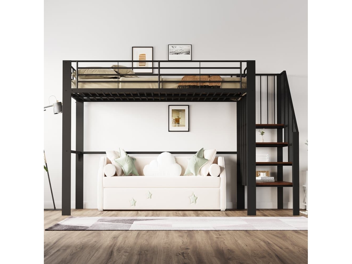 Cama Alta Metal 140 X 200 Cm - Estructura Estable Con Amplio Almacenamiento Bajo La Cama Y Escalera, Ideal Para Niños Y Adultos - Negro