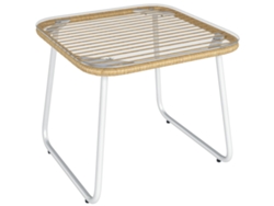 VPMKP - Outsunny mesa de jardín exterior de ratán sintético con tablero de vidrio templado, patas ajustables, auxiliar para patio y terraza, 50x50x44 cm madera/blanca