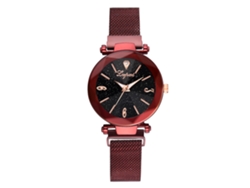 Reloj De Pulsera De Cuarzo Para Mujer Con Correa De Aleación, Diseño De Cielo Estrellado Y Diamantes De Imitación Rojos.