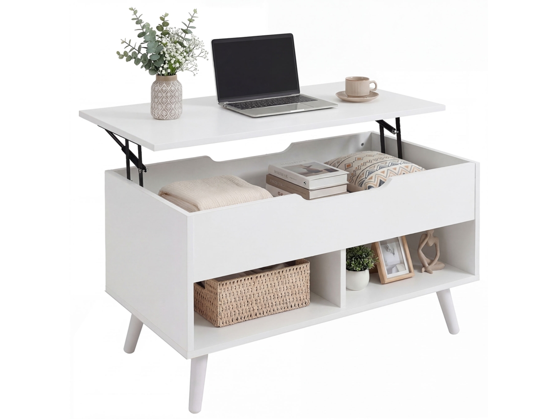 Mesa De Centro Con Tapa Elevable Y Almacenamiento Oculto, 75 Cm, Blanca Perforada.