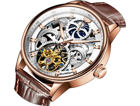 VEANXIN Reloj hueco para hombre de cuero fase lunar cuerda mecánica automática reloj luminoso impermeable(HUEVES ORO)