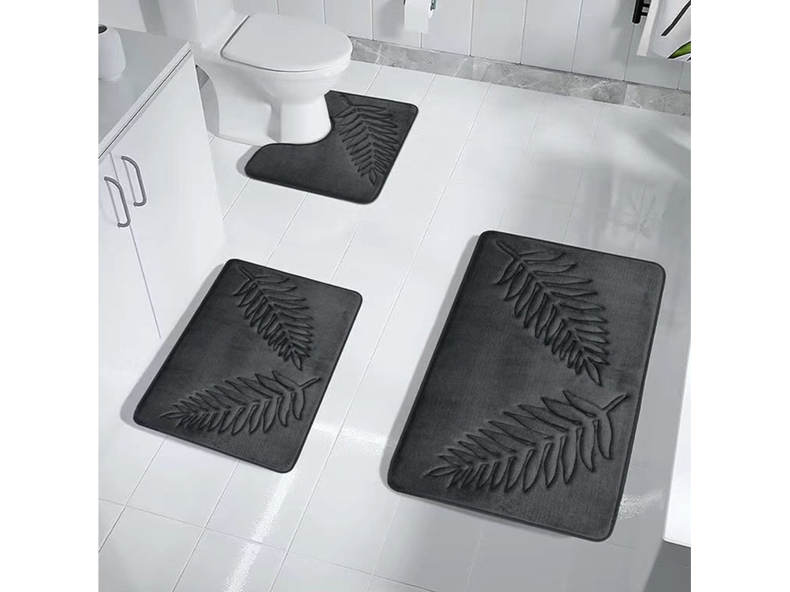Juego De 3 Alfombrillas De Baño Con Estampado De Hojas (gris Oscuro).