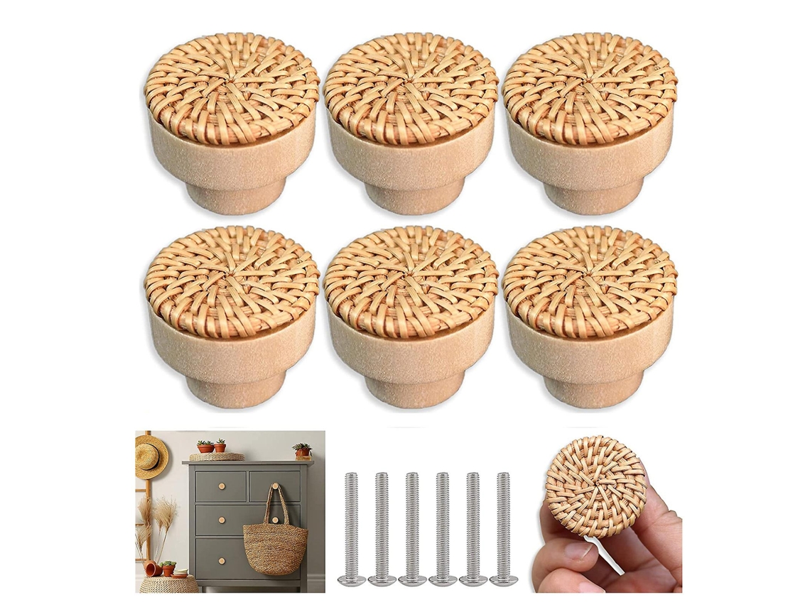 Conjunto De 6 Pomos De Mueble Redondos Artesanales De Ratán Para Cómodas Y Cajones, Material Cáñamo Y Ratán, Color Madera Natural