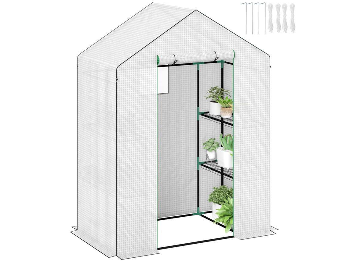 Invernadero Con 6 Estantes, 143x74x190cm, Puerta Enrollable Blanca.
