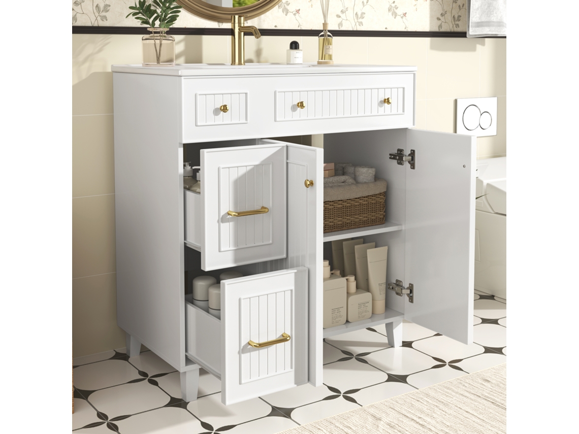 Armario De Baño Con Lavabo De Cerámica, Diseño Moderno De Lujo, Patas De Madera Maciza, Blanco
